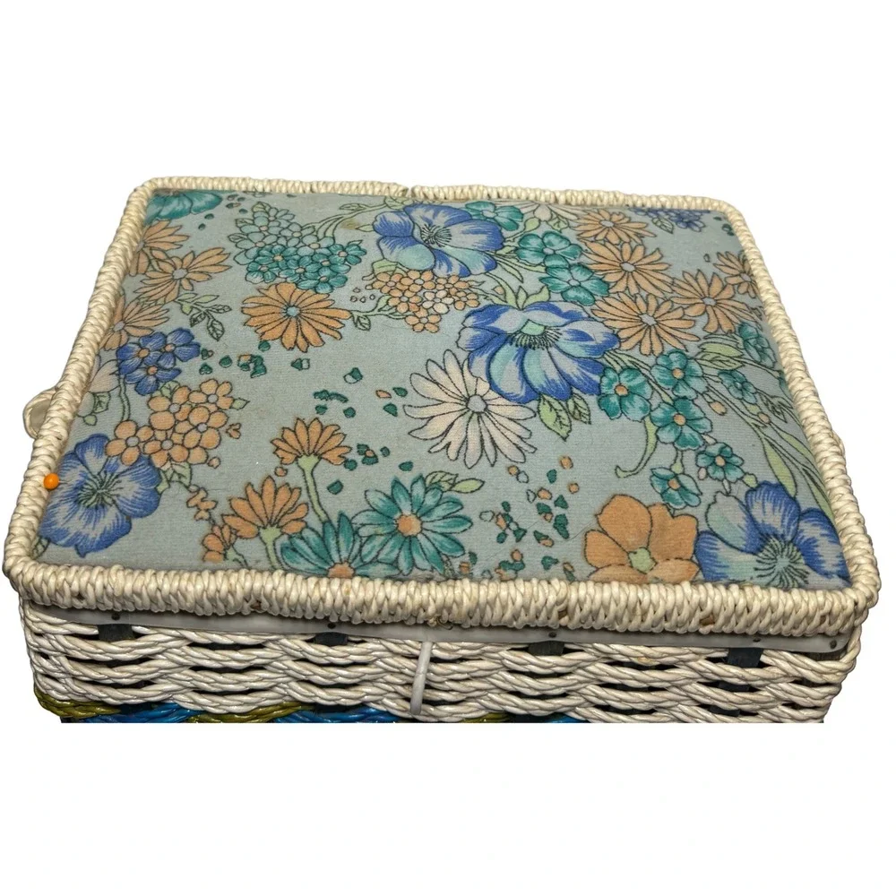 Mid Century Wicker Sewing Basket Floral Fabric Red Satin Lining Cottagecore